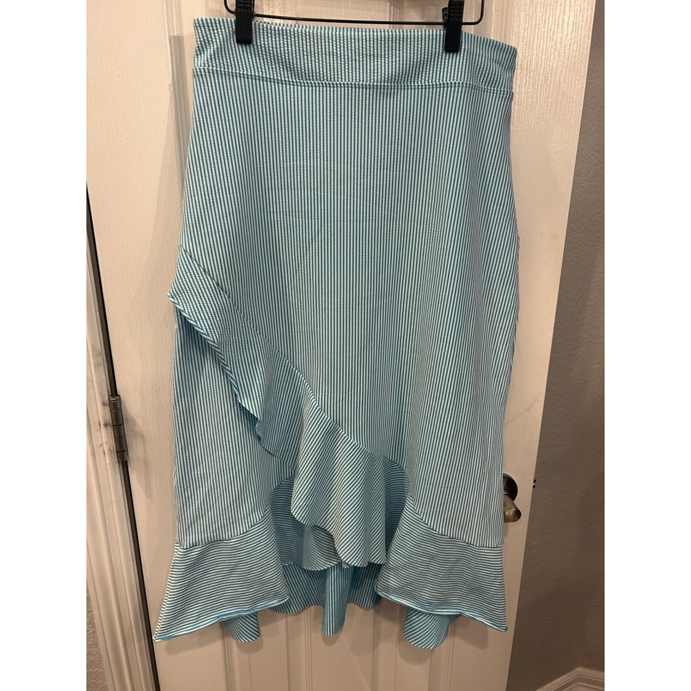 Lands' End Midi Skirt Blue White Seersucker Ruffle‎ Wrap Front Coastal Summer